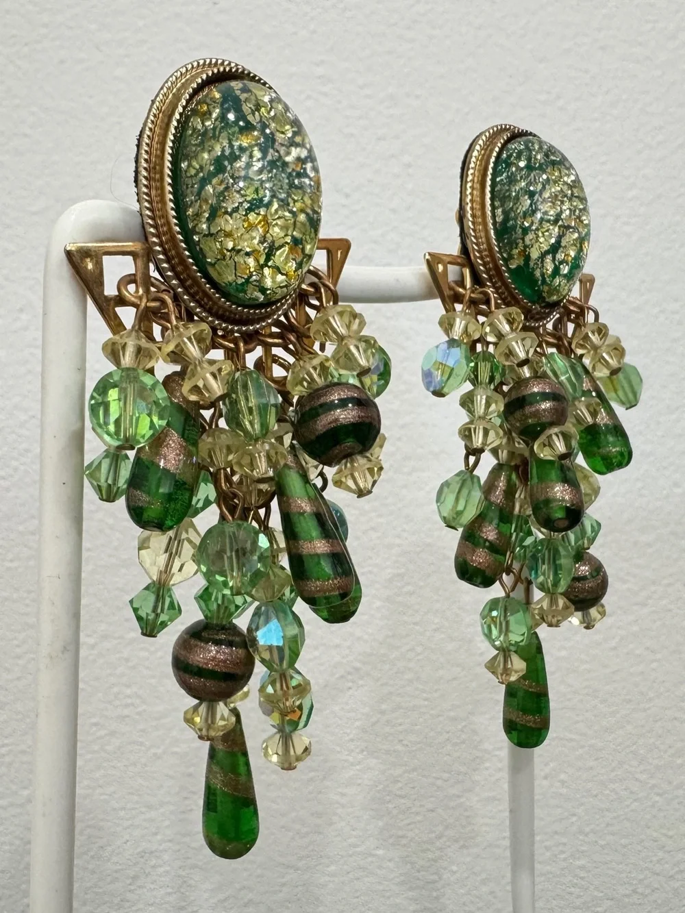 Bohemian Gold Foil Green Cabochon Beaded Chandelier AB Crystal Clip Earrings